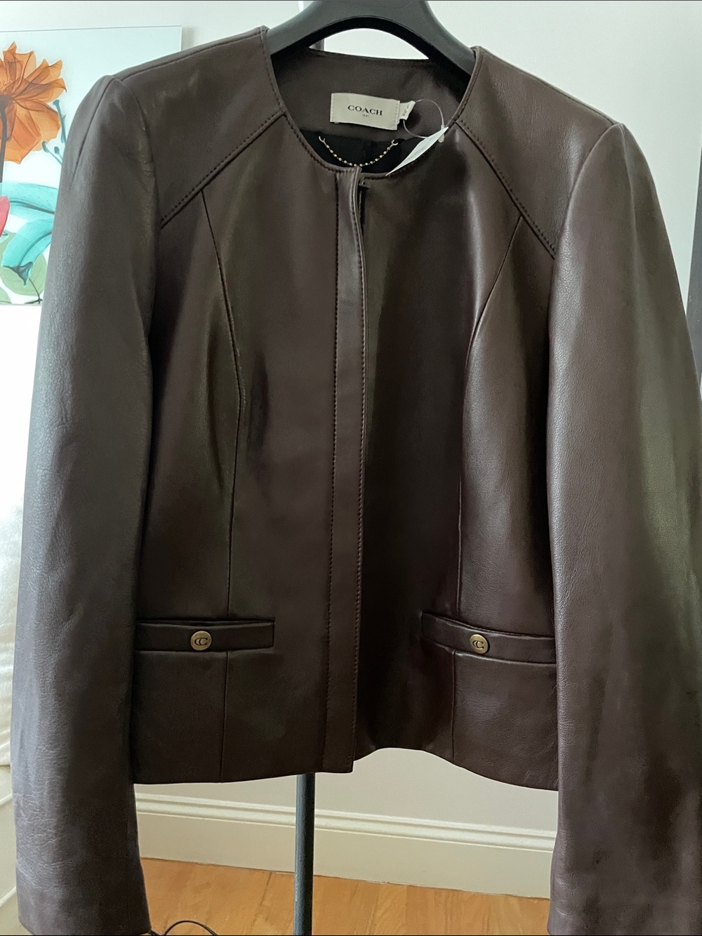 Coach Women's Dark Brown Collarless Leather Jacket